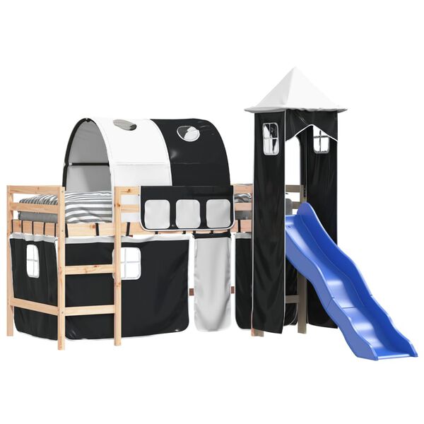 vidaXL bērnu augstā gulta ar torni, melni balta, 90x200 cm, priede