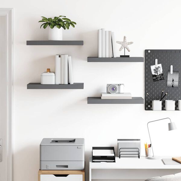 vidaXL sienas plaukti, 4 gab., spīdīgi pelēki, 50x23x3,8 cm, MDF