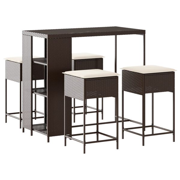 vidaXL 5-daļīgs bāra mēbeļu komplekts ar matračiem, PE rotangpalma