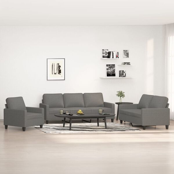 vidaXL trīsdaļīgs dīvānu komplekts ar spilveniem, tum&scaron;i pelēks audums