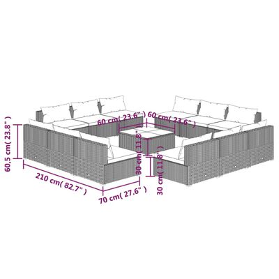 vidaXL 13-daļīgs atpūtas mēbeļu komplekts ar matračiem, pelēks PE