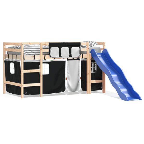 vidaXL bērnu gulta ar aizkariem, melni ar baltu, 80x200 cm, priede