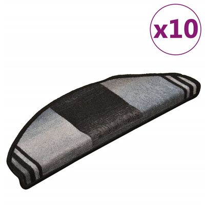 vidaXL kāpņu paklāji, 10 gab., pašlīmējoši, 65x21x4 cm melni ar pelēku