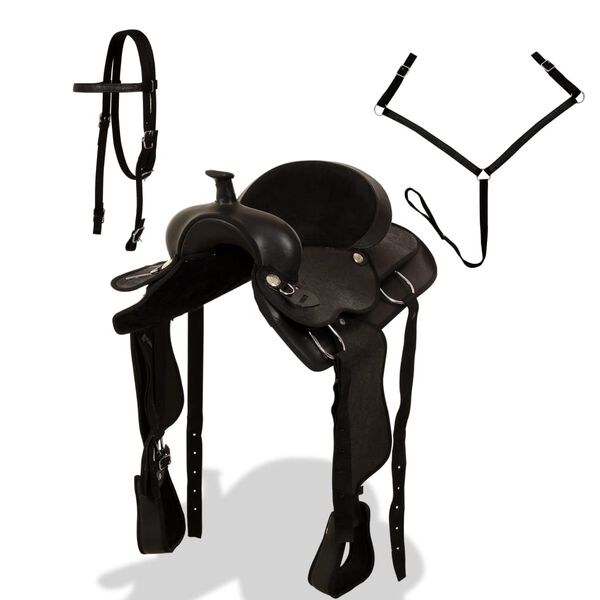 vidaXL segli, iemaukti un krū&scaron;u siksna, 16", melna dabīgā āda