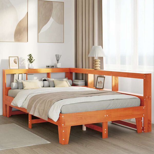 vidaXL gulta ar grāmatu plauktu, bez matrača, 140x190 cm, priedes koks