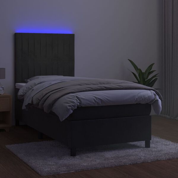 vidaXL atsperu gulta ar matraci, LED, tum&scaron;i pelēks samts, 90x190 cm