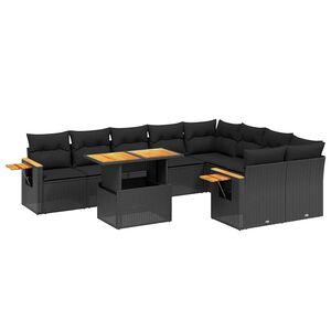 vidaXL 10-daļīgs dārza dīvāna komplekts, matrači, melna PE rotangpalma