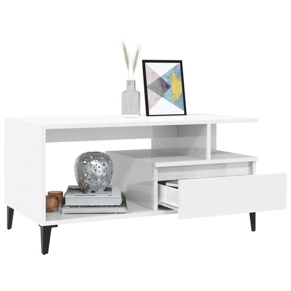 vidaXL kafijas galdiņ&scaron;, spīdīgi balts, 90x49x45 cm, inženierijas koks