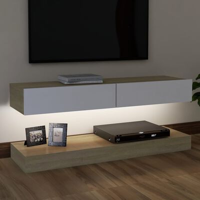 vidaXL TV plaukts ar LED lampiņām, 120x35 cm, baltā un ozolkoka krāsā