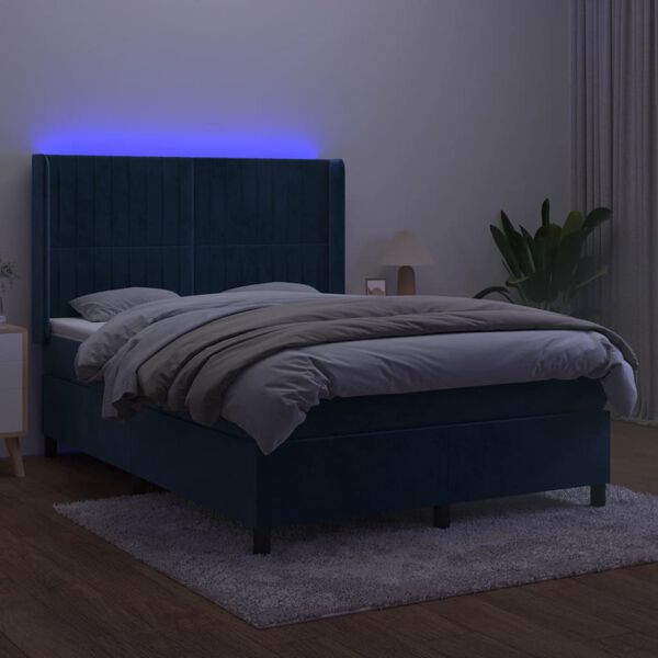 vidaXL atsperu gulta ar matraci, LED, tum&scaron;i zils samts, 140x190 cm