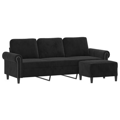 vidaXL trīsvietīgs dīvāns ar kājsoliņu, 180 cm, melns samts
