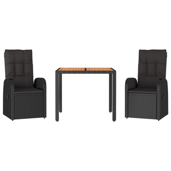 vidaXL 3-daļīgs dārza mēbeļu komplekts ar matračiem, melns, PE pinums