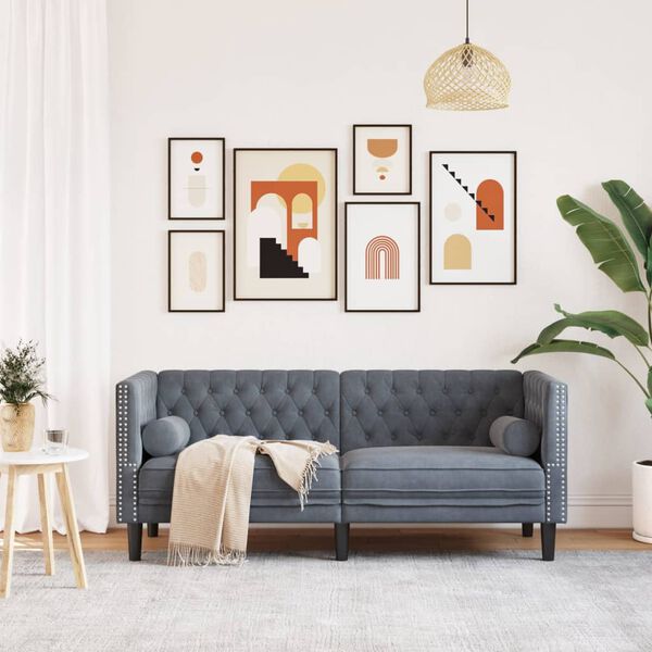 vidaXL Chesterfield dīvāns ar balstiem, divvietīgs, tum&scaron;i pelēks samts