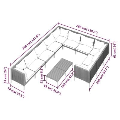 vidaXL 11-daļīgs dārza mēbeļu komplekts, matrači,pelēka PE rotangpalma