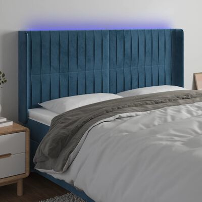vidaXL gultas galvgalis ar LED, 183x16x118/128 cm, tumši zils samts