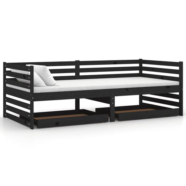 vidaXL dīvāngulta ar atvilktnēm, 90x200 cm, melna, priedes masīvkoks