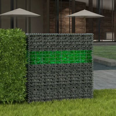 vidaXL dārza gabions ar stikla akmentiņiem un LED, 100x30x100 cm