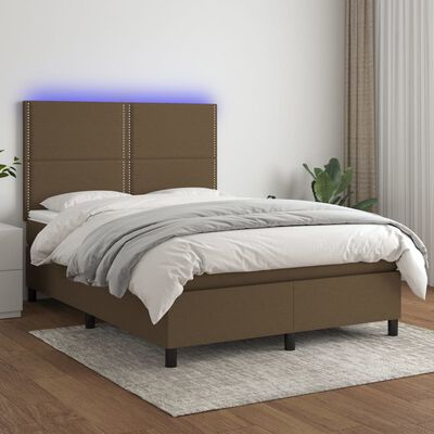 vidaXL atsperu gulta ar matraci, LED, tumši brūns audums, 140x200 cm