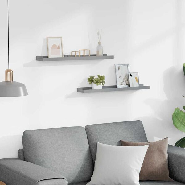 vidaXL sienas plaukti ar apmalēm, 2 gab., pelēki, 60x9x3 cm, MDF