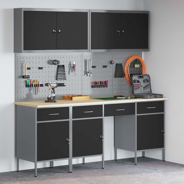 vidaXL Darba skapis ar slēdzeni 10 pcs Melna Inženieru koks un tērauds