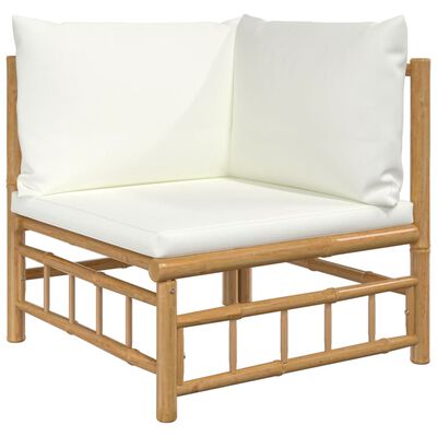 vidaXL dārza stūra dīvāns ar krēmbaltiem matračiem, bambuss
