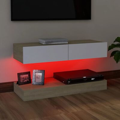 vidaXL TV plaukts ar LED lampiņām, 90x35 cm, baltā un ozolkoka krāsā
