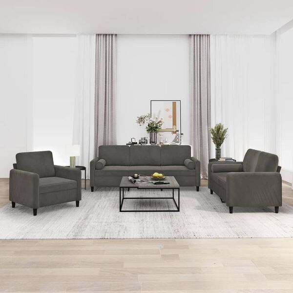 vidaXL trīsdaļīgs dīvānu komplekts ar spilveniem, tum&scaron;i pelēks samts