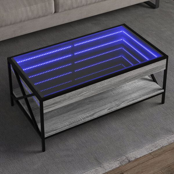 vidaXL kafijas galdiņ&scaron; ar LED, pelēka ozolkoka krāsa, 90x50x38 cm