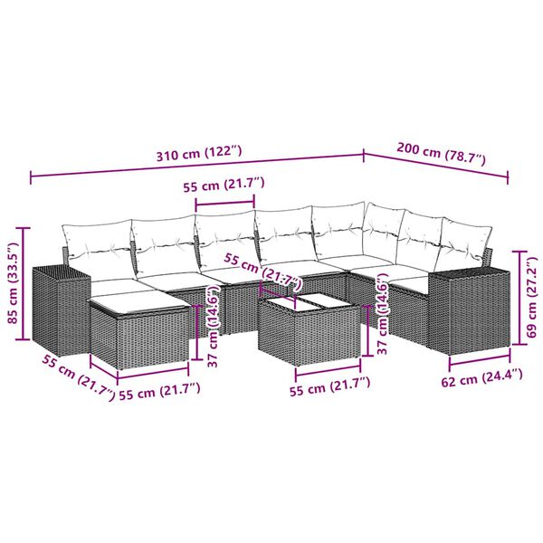 vidaXL 9-daļīgs dārza dīvāna komplekts, matrači, melna PE rotangpalma