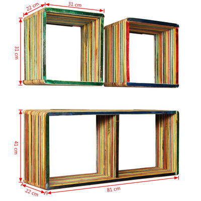 vidaXL sienas plauktu komplekts, 3 gab., pārstrādāts tīkkoks, krāsaini
