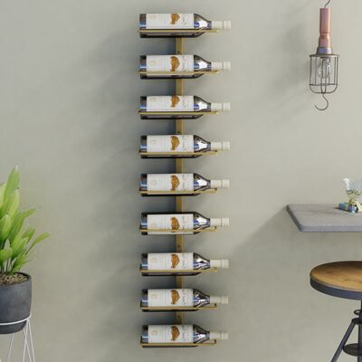 vidaXL vīna pudeļu sienas plaukts 9 pudelēm, zeltaina dzelzs