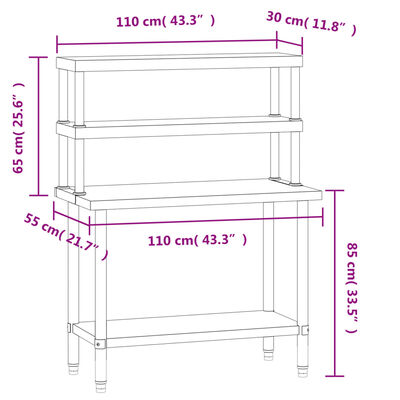 vidaXL virtuves darba galds ar plauktu, 110x55x150 cm, tērauds