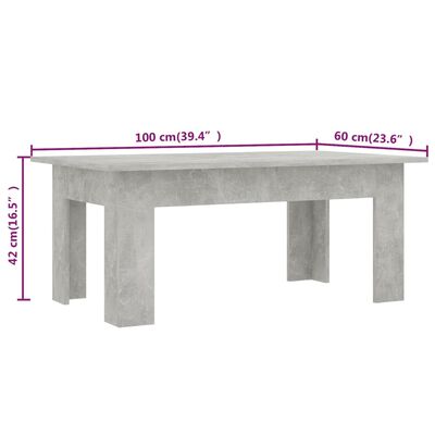 vidaXL kafijas galdiņš, 100x60x42 cm, betona pelēks, skaidu plāksne