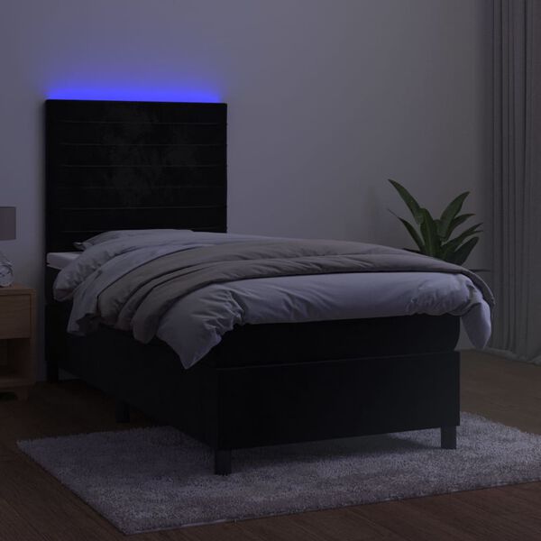 vidaXL atsperu gulta ar matraci, LED, melns samts, 90x190 cm