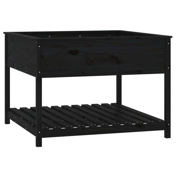 vidaXL puķu kaste ar plauktu, melna, 111,5x34,5x81, priedes masīvkoks