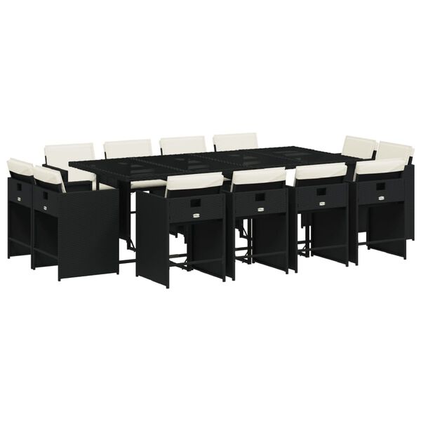 vidaXL 13-daļīgs dārza mēbeļu komplekts ar matračiem, melns PE