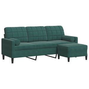vidaXL trīsvietīgs dīvāns ar kājsoliņu, 180 cm, tum&scaron;i zaļ&scaron; samts
