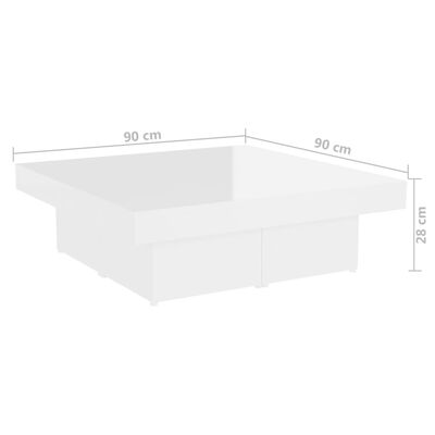 vidaXL kafijas galdiņš, spīdīgi balts, 90x90x28 cm, skaidu plāksne