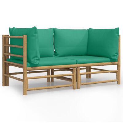 vidaXL dārza stūra dīvāni ar zaļiem matračiem, 2 gab., bambuss