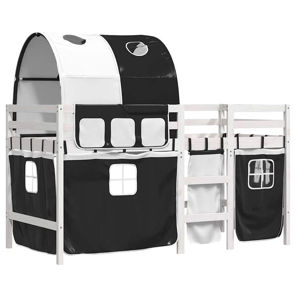 vidaXL bērnu augstā gulta ar tuneli, melni balta, 90x190 cm, priede