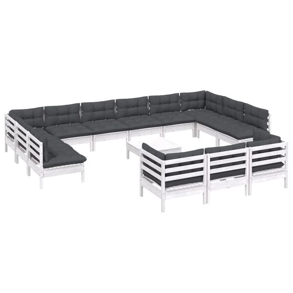 vidaXL 14-daļīgs dārza mēbeļu komplekts ar matračiem, balta priede