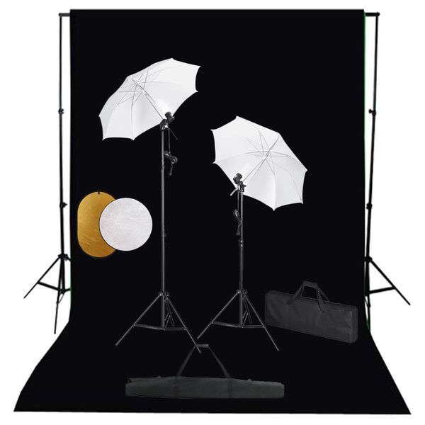 vidaXL fotostudijas komplekts – lampas, lietussargi, fons, reflektori