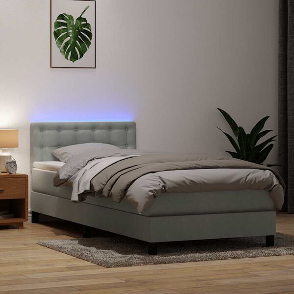 vidaXL atsperu gulta ar matraci, LED, gai&scaron;i pelēka samts, 90x220 cm