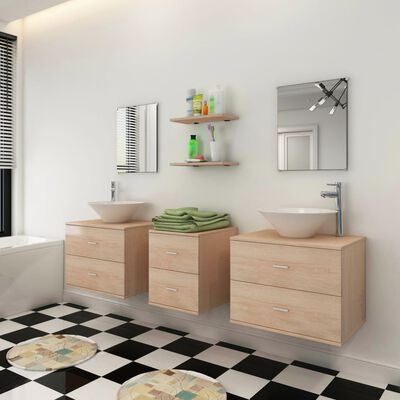 vidaXL vannas istabas mēbeles, izlietnes un krāni, 9 gab., bēšā krāsā