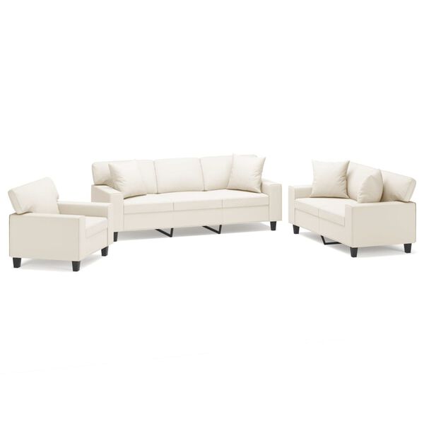 vidaXL trīsdaļīgs dīvānu komplekts, spilveni, krēmkrāsas mākslīgā āda