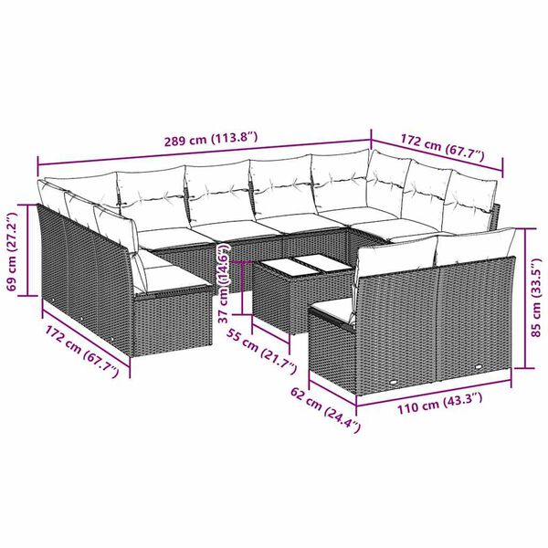 vidaXL 12-daļīgs dārza dīvāna komplekts ar matračiem, pelēka PE pinums