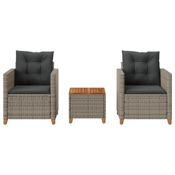 vidaXL 3-daļīgs bistro mēbeļu komplekts, matrači,pelēka PE rotangpalma