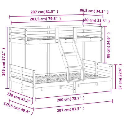 vidaXL divstāvu gulta, 80x200/120x200 cm, priedes masīvkoks