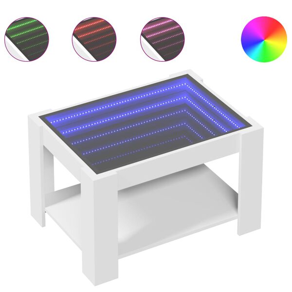 vidaXL kafijas galdiņ&scaron; ar LED, balts, 73x53x45 cm, inženierijas koks