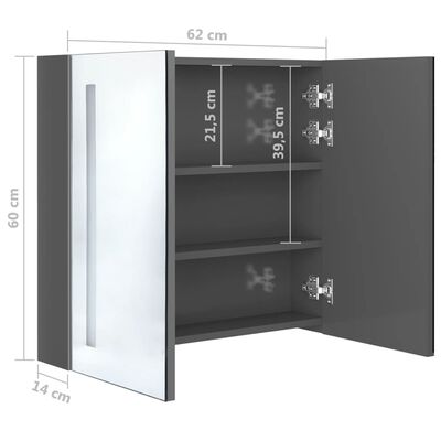 vidaXL vannasistabas skapītis ar spoguli un LED, 62x14x60 cm, pelēks